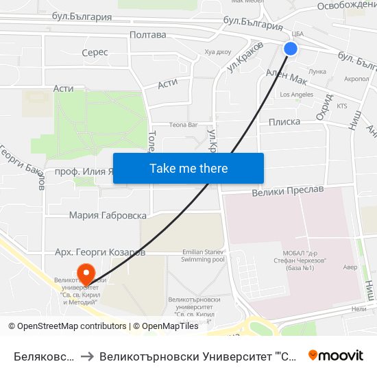 Беляковско Шосе / Belyakovsko Shosse to Великотърновски Университет ""Св. Св. Кирил И Методий"" map