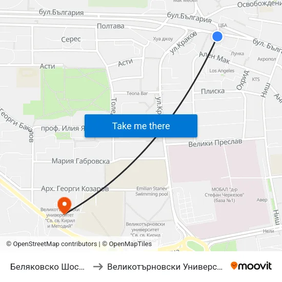 Беляковско Шосе / Belyakovsko Shosse to Великотърновски Университет ""Св. Св. Кирил И Методий"" map
