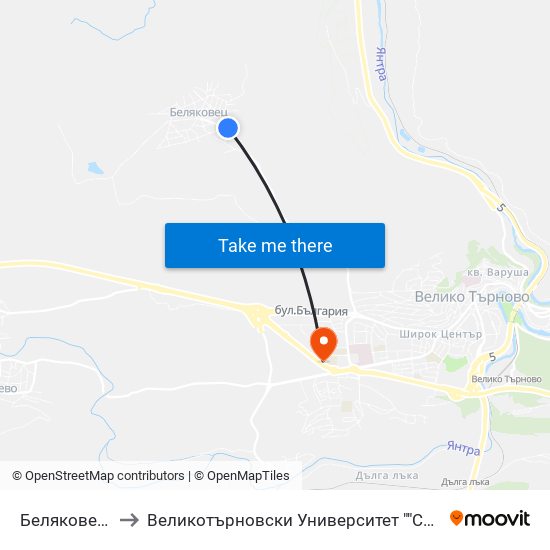 Беляковец - Втора to Великотърновски Университет ""Св. Св. Кирил И Методий"" map