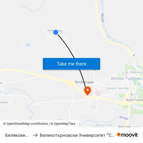 Беляковец - Център to Великотърновски Университет ""Св. Св. Кирил И Методий"" map