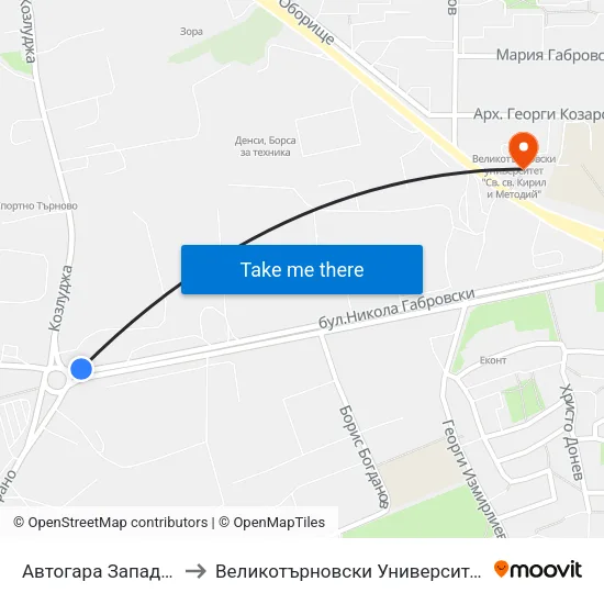 Автогара Запад / West Bus Station to Великотърновски Университет ""Св. Св. Кирил И Методий"" map