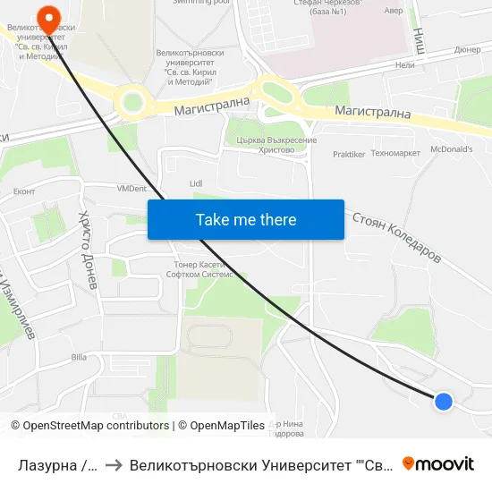 Лазурна / Lazurna to Великотърновски Университет ""Св. Св. Кирил И Методий"" map