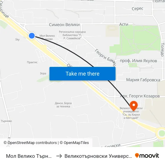 Мол Велико Търново / Mall Veliko Tarnovo to Великотърновски Университет ""Св. Св. Кирил И Методий"" map