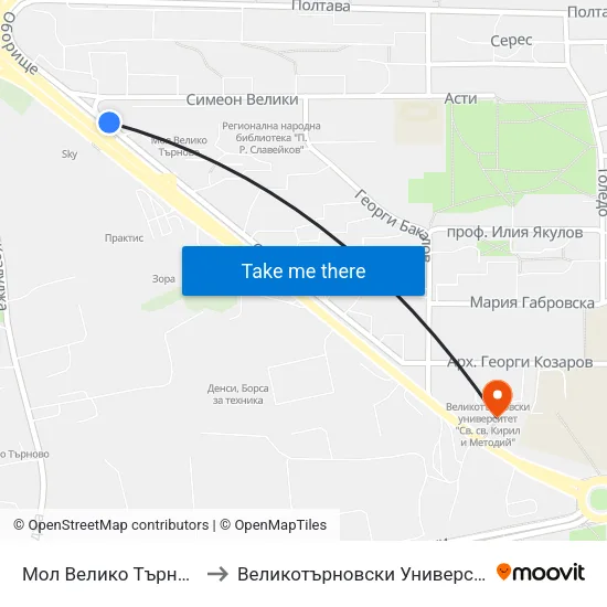 Мол Велико Търново / Mall Veliko Tarnovo to Великотърновски Университет ""Св. Св. Кирил И Методий"" map