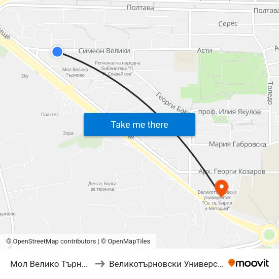 Мол Велико Търново / Mall Veliko Tarnovo to Великотърновски Университет ""Св. Св. Кирил И Методий"" map