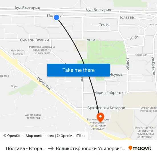Полтава - Втора / Poltava - Second to Великотърновски Университет ""Св. Св. Кирил И Методий"" map