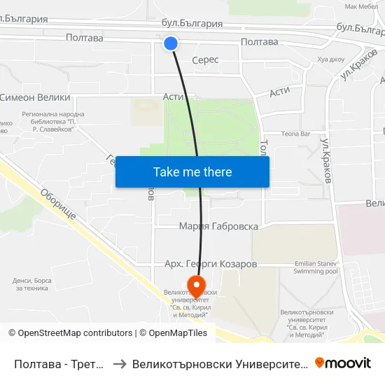 Полтава - Трета / Poltava - Third to Великотърновски Университет ""Св. Св. Кирил И Методий"" map