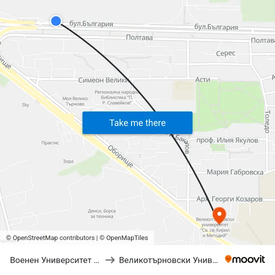 Военен Университет - Първа / Military University - First to Великотърновски Университет ""Св. Св. Кирил И Методий"" map