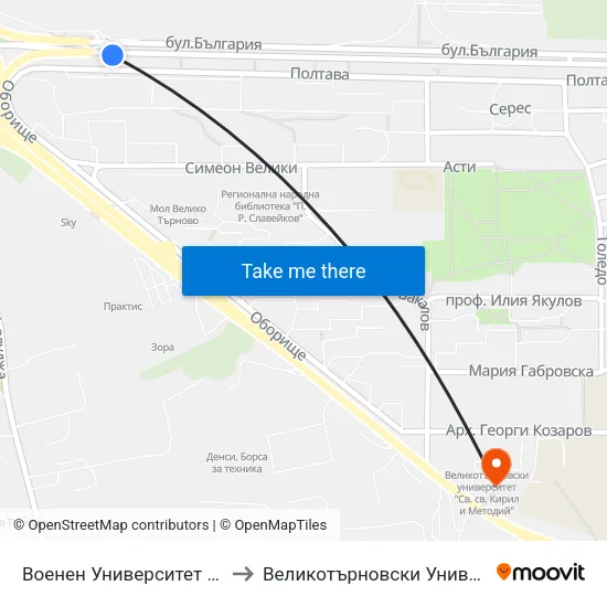 Военен Университет - Първа / Military University - First to Великотърновски Университет ""Св. Св. Кирил И Методий"" map