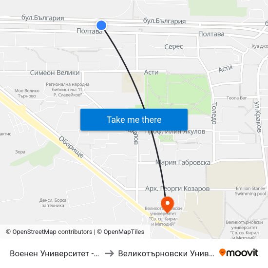Военен Университет - Втора / Military University - Second to Великотърновски Университет ""Св. Св. Кирил И Методий"" map