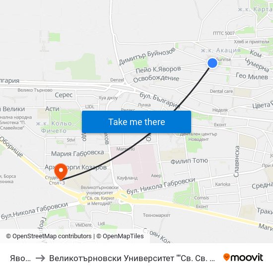 Яворов / Yavorov to Великотърновски Университет ""Св. Св. Кирил И Методий"" map