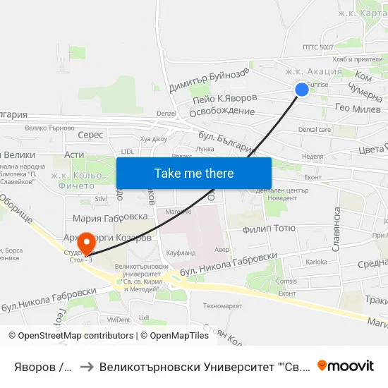 Яворов / Yavorov to Великотърновски Университет ""Св. Св. Кирил И Методий"" map
