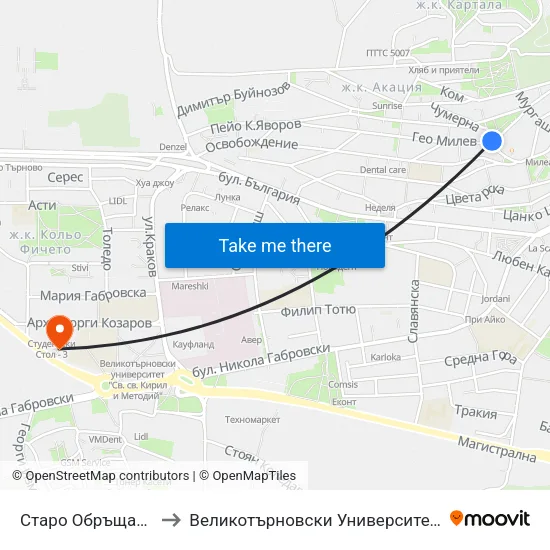 Старо Обръщало / Old Terminus to Великотърновски Университет ""Св. Св. Кирил И Методий"" map