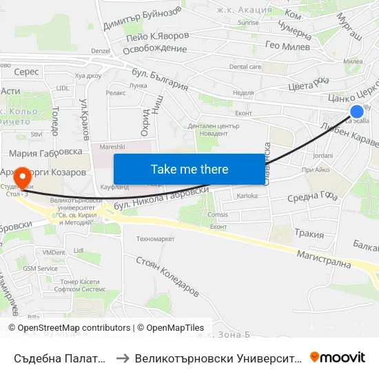 Съдебна Палата / Court Of Justice to Великотърновски Университет ""Св. Св. Кирил И Методий"" map