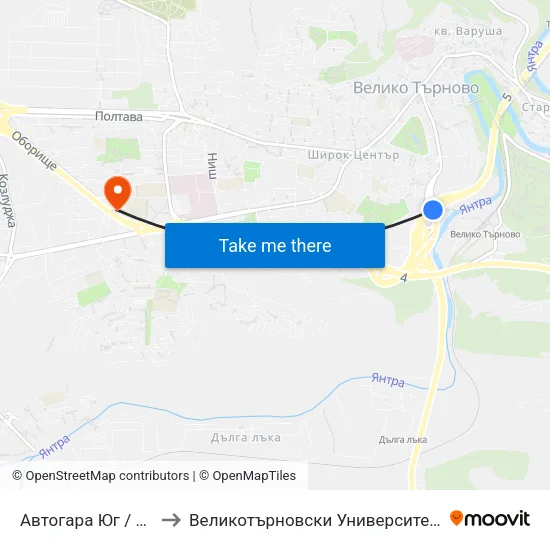 Автогара Юг / South Bus Station to Великотърновски Университет ""Св. Св. Кирил И Методий"" map