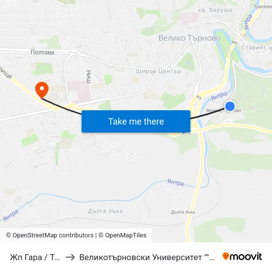 Жп Гара / Train Station to Великотърновски Университет ""Св. Св. Кирил И Методий"" map