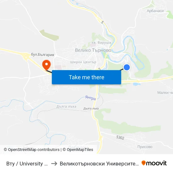 Вту / University Of Veliko Tarnovo to Великотърновски Университет ""Св. Св. Кирил И Методий"" map