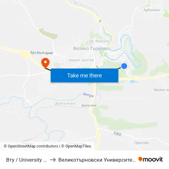 Вту / University Of Veliko Tarnovo to Великотърновски Университет ""Св. Св. Кирил И Методий"" map