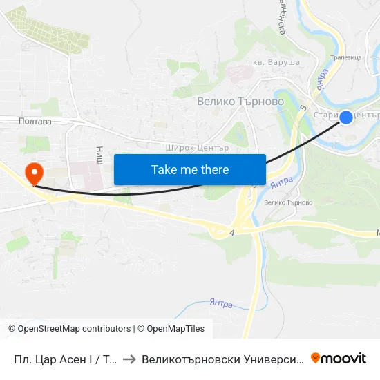 Пл. Цар Асен I / Tsar Asen the First Sq. to Великотърновски Университет ""Св. Св. Кирил И Методий"" map