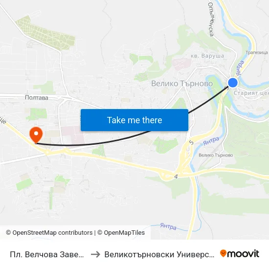Пл. Велчова Завера / Velchova Zavera Sq. to Великотърновски Университет ""Св. Св. Кирил И Методий"" map