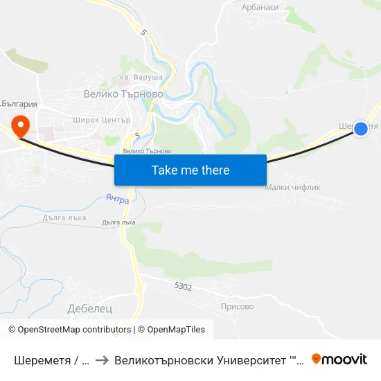 Шереметя / Sheremetya to Великотърновски Университет ""Св. Св. Кирил И Методий"" map