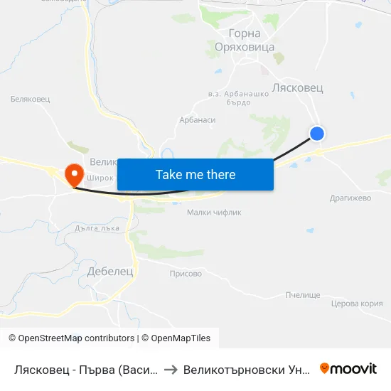 Лясковец - Първа (Васил Левски) / Lyaskovets - First (Vasil Levski) to Великотърновски Университет ""Св. Св. Кирил И Методий"" map