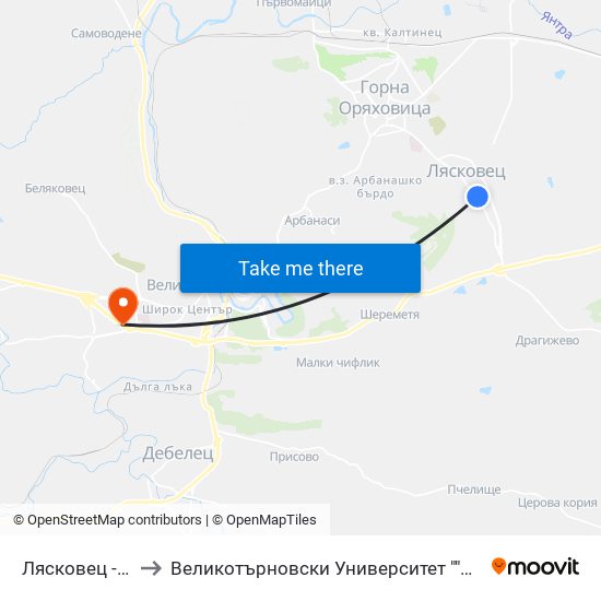 Лясковец - Четвърта to Великотърновски Университет ""Св. Св. Кирил И Методий"" map