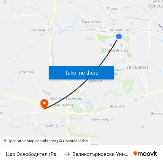 Цар Освободител (Раховец) / Tsar Osvoboditel (Rahovets) to Великотърновски Университет ""Св. Св. Кирил И Методий"" map