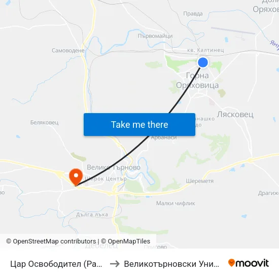 Цар Освободител (Раховец) / Tsar Osvoboditel (Rahovets) to Великотърновски Университет ""Св. Св. Кирил И Методий"" map