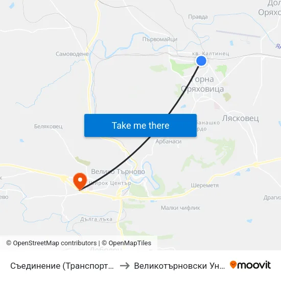 Съединение (Транспортна Болница) / Saedinenie (Transport Hospital) to Великотърновски Университет ""Св. Св. Кирил И Методий"" map