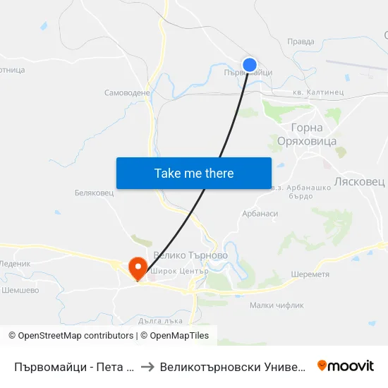 Първомайци - Пета (Съвет) / Parvomaytsi - Fifth to Великотърновски Университет ""Св. Св. Кирил И Методий"" map