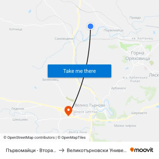 Първомайци - Втора (Ткзс) / Parvomaytsi - Second to Великотърновски Университет ""Св. Св. Кирил И Методий"" map