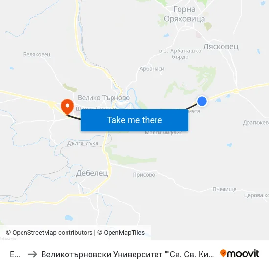 Е772 to Великотърновски Университет ""Св. Св. Кирил И Методий"" map