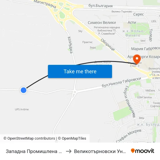Западна Промишлена Зона - Първа / West Industrial Zone - First to Великотърновски Университет ""Св. Св. Кирил И Методий"" map