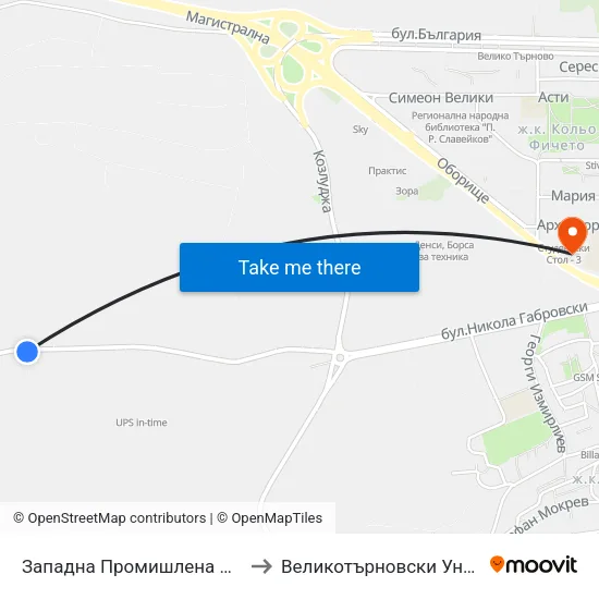 Западна Промишлена Зона - Втора / West Industrial Zone - Second to Великотърновски Университет ""Св. Св. Кирил И Методий"" map