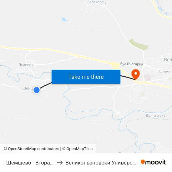 Шемшево - Втора / Shemshevo - Second to Великотърновски Университет ""Св. Св. Кирил И Методий"" map