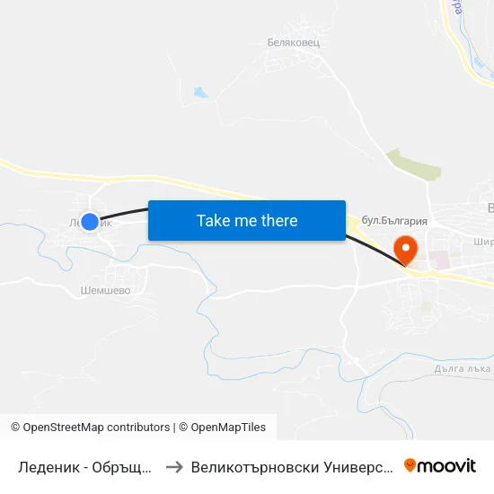 Леденик - Обръщало / Ledenik - Terminus to Великотърновски Университет ""Св. Св. Кирил И Методий"" map