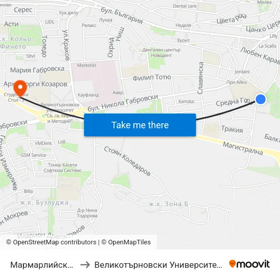 Мармарлийска / Marmarliyska to Великотърновски Университет ""Св. Св. Кирил И Методий"" map