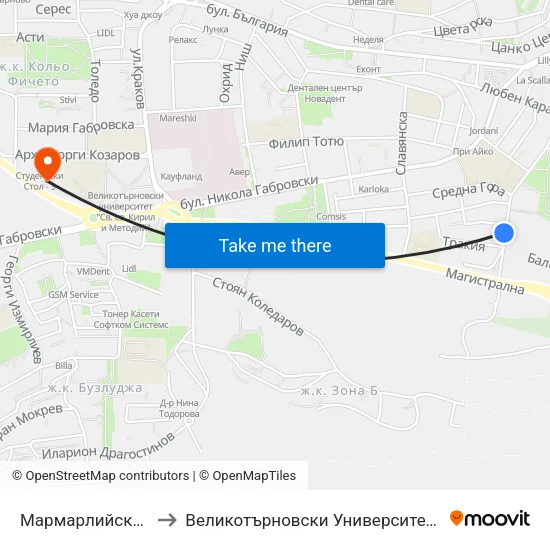 Мармарлийска / Marmarliyska to Великотърновски Университет ""Св. Св. Кирил И Методий"" map