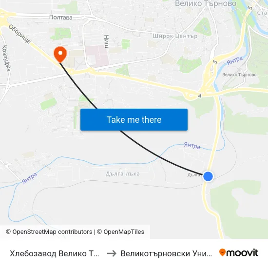 Хлебозавод Велико Търново / Veliko Tarnovo Bread Factory to Великотърновски Университет ""Св. Св. Кирил И Методий"" map