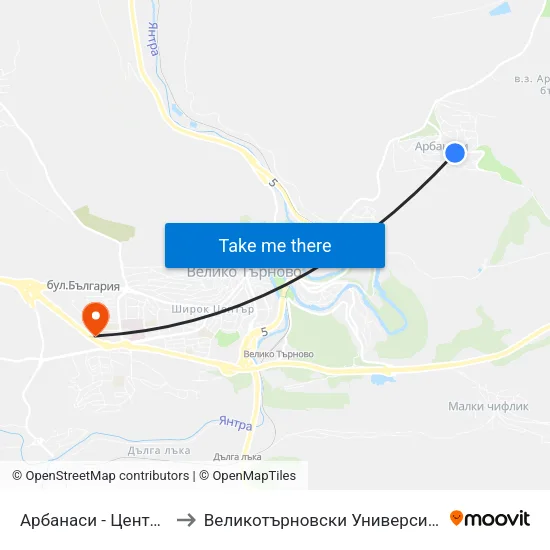 Арбанаси - Център / Arbanasi - Centre to Великотърновски Университет ""Св. Св. Кирил И Методий"" map