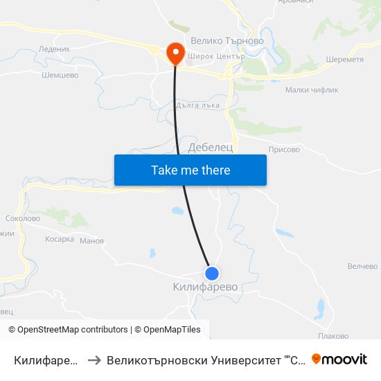 Килифарево - Втора / Kilifarovo - Second to Великотърновски Университет ""Св. Св. Кирил И Методий"" map