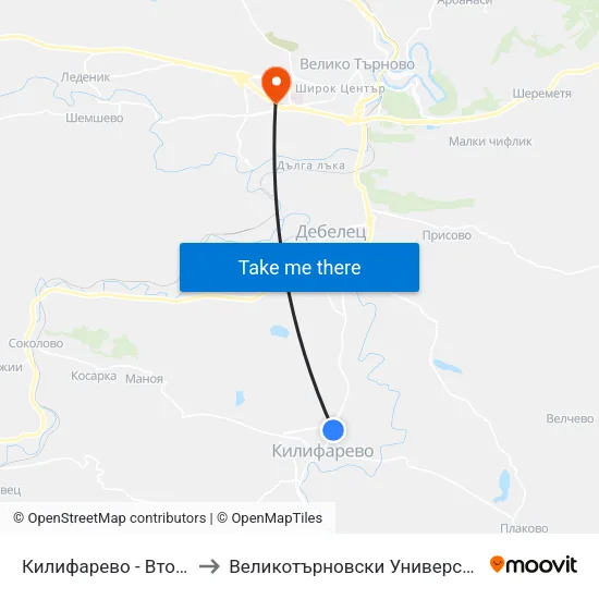 Килифарево - Втора / Kilifarovo - Second to Великотърновски Университет ""Св. Св. Кирил И Методий"" map