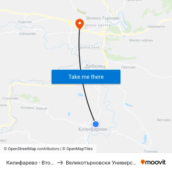Килифарево - Втора / Kilifarovo - Second to Великотърновски Университет ""Св. Св. Кирил И Методий"" map