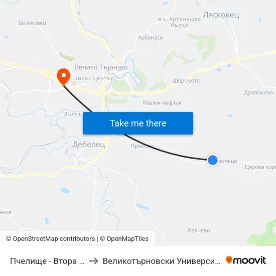 Пчелище - Втора / Pchelishte - Second to Великотърновски Университет ""Св. Св. Кирил И Методий"" map