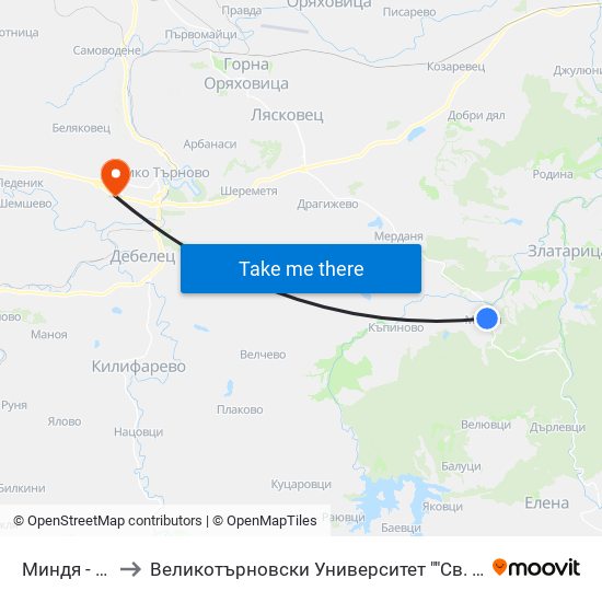 Миндя - Център / Mindya - Centre to Великотърновски Университет ""Св. Св. Кирил И Методий"" map