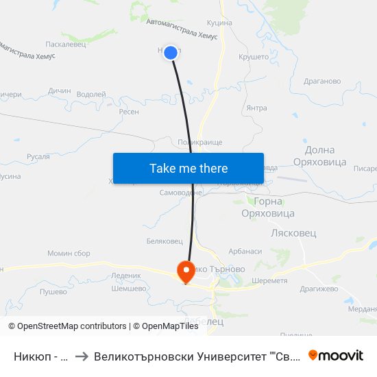 Никюп - Център / Nikyup - Centre to Великотърновски Университет ""Св. Св. Кирил И Методий"" map