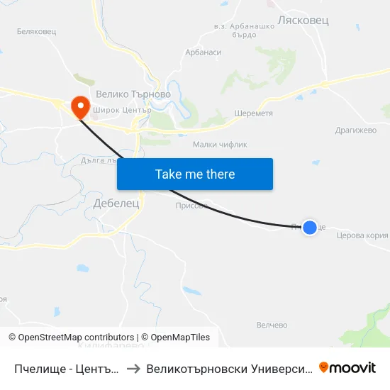 Пчелище - Център / Pchelishte - Centre to Великотърновски Университет ""Св. Св. Кирил И Методий"" map