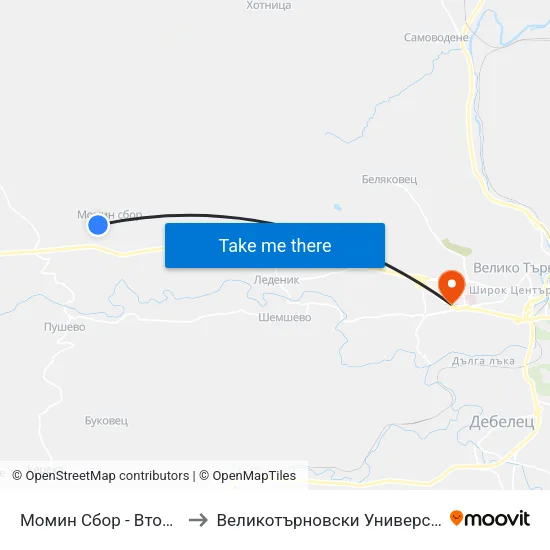 Момин Сбор - Втора / Momin Sbor - Second to Великотърновски Университет ""Св. Св. Кирил И Методий"" map