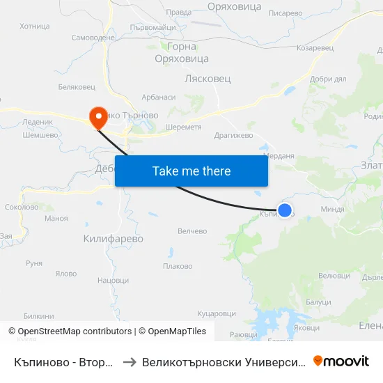 Къпиново - Втора / Kapinovo - Second to Великотърновски Университет ""Св. Св. Кирил И Методий"" map